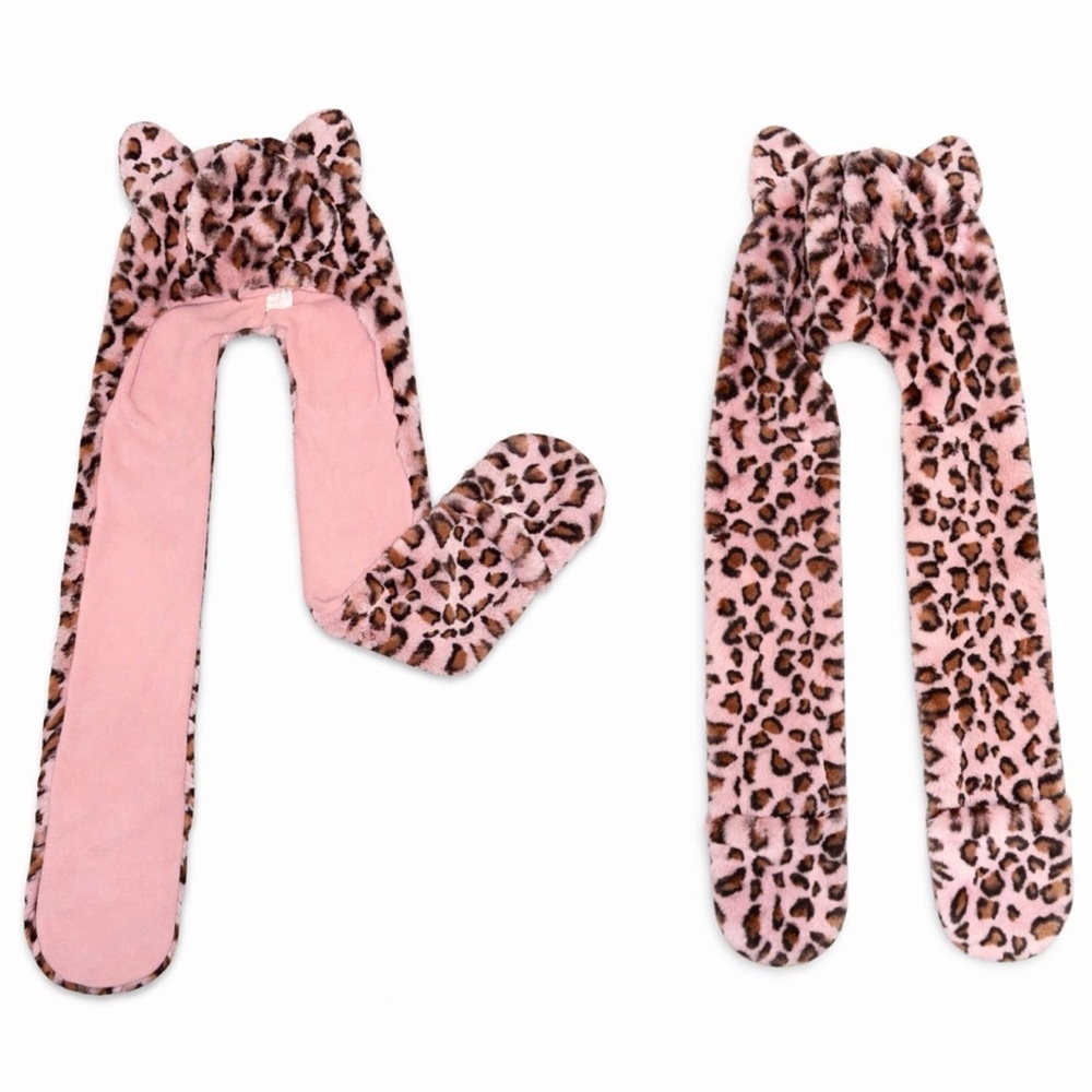 Pink Leopard Plush Ear Scarf with Mittens